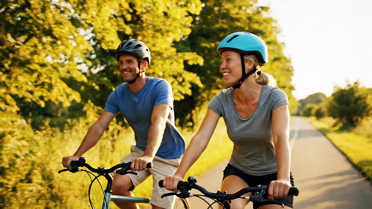 Two people riding bicycles on a sunny tree-lined path